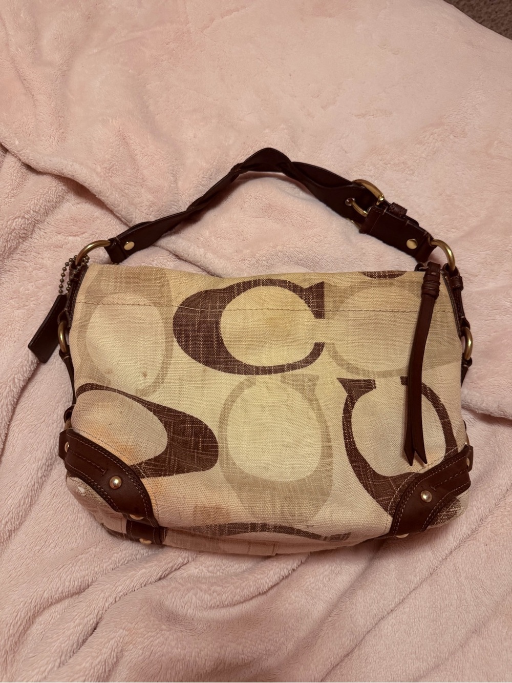 Coach Beige and Brown Signature Circle Shoulder Bag - Picture 4 of 5